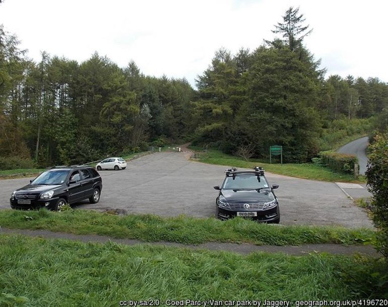 Photo of car park surrounded by trees with a road running along the right