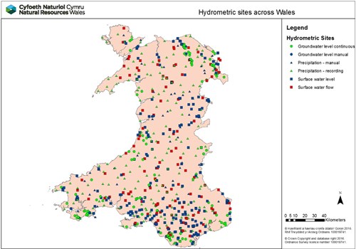 Hydrometric sites across Wales