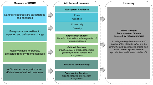 The Natural Resource Inventory Template describes the 4 measures of SMNR and identifies the relevant attributes for each of the measures.  Measure 1 – Natural Resources are safeguarded and enhanced - Is assessed by the extent and condition of Natural Resources within an Ecosystem. Measure 2 – Ecosystems are resilient to expected and unforeseen change – is assessed by the for attributes of resilience – Extent, condition, connectivity and diversity Measure 3 – Healthy places for people, protected from environmental risks – is assessed by the regulating services and cultural services provided Measure 4 – A circular economy with more efficient use of natural resources – is assessed by resource use efficiency and provisioning services provided by an ecosystem The inventory is compiled by carrying out a SWOT analysis by looking at the strengths, weaknesses, opportunities and threats to achieving the sustainable management of natural resources and identifying suitable metrics, qualitative or quantitative, to describe this.