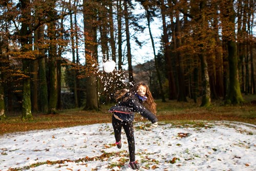 Child throwing snowball in conifer woodland